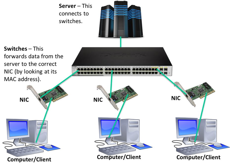 Diagram showing how computers use an NIC to connect to the switch and then the server.