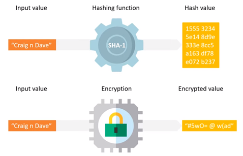 Diagram showing the difference between encryption and hashing.